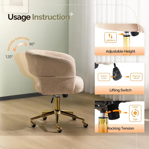 Miniatura 7 de VINGLI Silla Moderna Curvada de Oficina y Tocador, Bonita Silla Tapizada con Tachuelas con Ruedas y Giro de 360° y Club y Reclinable y Base Dorada