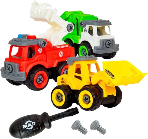 Miniatura 2 de Power Gearz - Juguete desmontable con destornillador y tornillos, paquete de 3 camiones para niños y niñas, camión de bomberos, camiones de basura