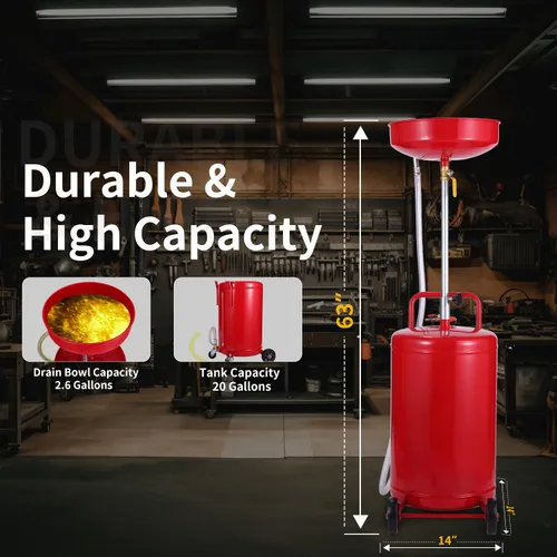 Miniatura 5 de XtremepowerUS tanque portátil de drenaje de aceite de residuos de 20 galones operado por aire, embudo ajustable de altura con rueda, rojo