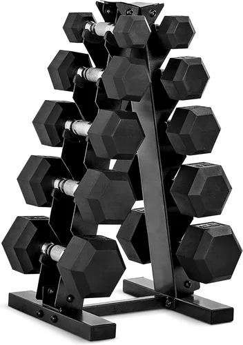 Miniatura 11 de CAP Juego de mancuernas hexagonales con revestimiento de goma con estante de almacenamiento, opciones de 100 a 210 libras, almacenamiento compacto