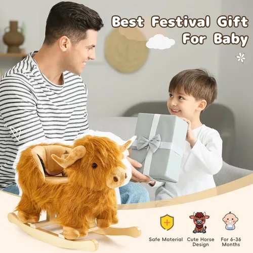 Miniatura 9 de Caballo mecedora bebé, caballo de madera de ganado Highlander para niños de 1 año lindo vaca de peluche suave cabalgadura juguete mecedora animal