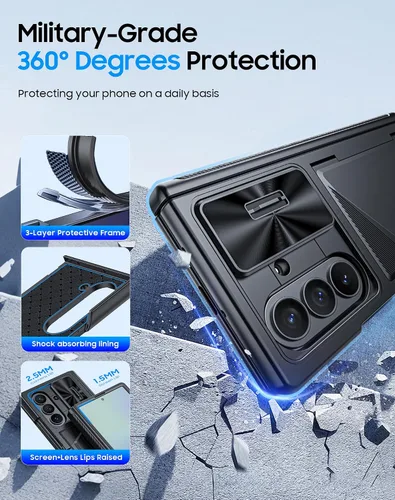 Miniatura 7 de Funda para Samsung Galaxy Z Fold 7 con tarjetero con bloqueo RFID, cubierta de lente deslizante integrada y protección de bisagra y protector