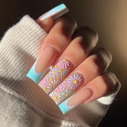 Miniatura 14 de MISUD - Uñas postizas largas cuadradas con pegamento de Rojo Gótico y Negro, diseño cruzado gótico Y2K acrílico, 24 piezas