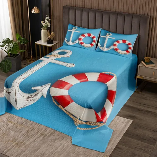 Miniatura 21 de Erosebridal Juego de colcha náutica, juego de edredón de lancha de vela, faro, acuarela con temática oceánica, juego de ropa de cama de verano