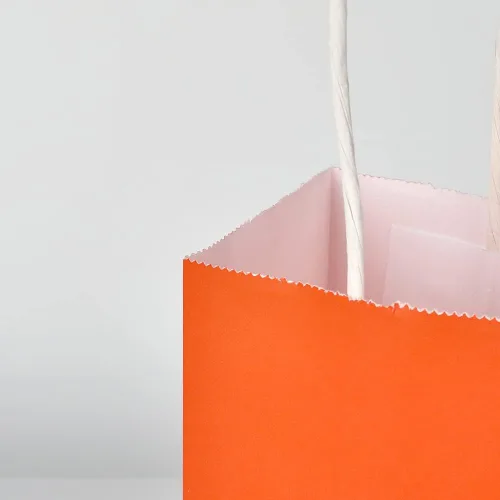 Miniatura 6 de Oikss Paquete de 100 bolsas de papel kraft naranja medianas de 8 x 4.75 x 10 pulgadas con asas a granel para cumpleaños, bodas, fiestas
