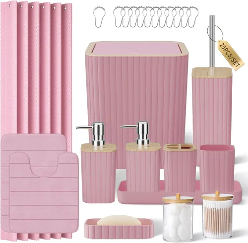 Miniatura 10 de XLHOMO Bathroom Set- 25PC Beige Bathroom Set, Bathroom Set with Shower Curtain and Rugs, Beige Shower Curtain Set, Toilet Brush, Bathroom Trash Can