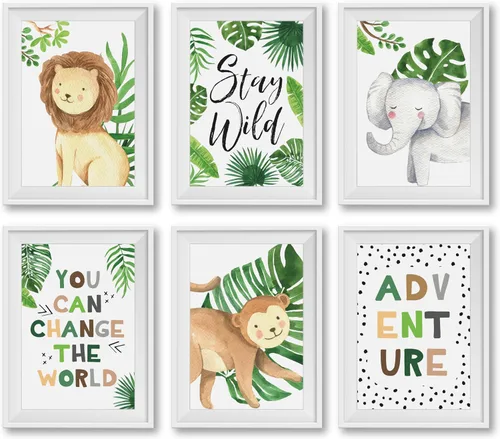 Miniatura 13 de Hadley Designs 6 decoraciones de pared de safari para guardería, decoración de guardería sin marco, decoraciones de selva para habitación de niños