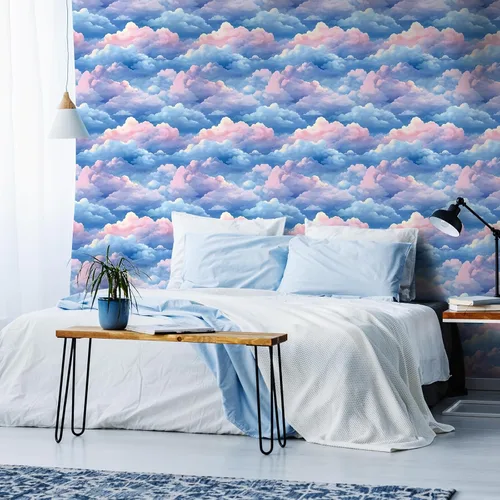 Miniatura 2 de VaryStyle Papel Tapiz Estético de Nubes Azul Brillante/Rosa Cielo Papel Tapiz Despegar y Pegar Papel de Contacto para Paredes Guardería 17.7"×118
