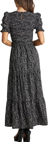 Miniatura 123 de BTFBM Vestidos para mujer, cuello redondo, casual, de verano, con volantes, manga corta, bohemio, con niveles, fruncido, largo, con estampado floral