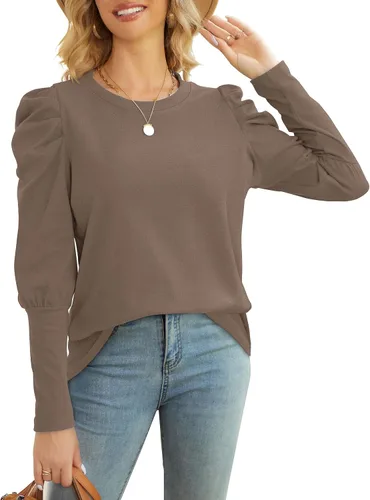 Miniatura 3 de WIHOLL Sudaderas para mujer, cuello redondo, manga abombada, túnica de otoño para leggings