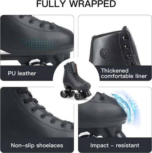 Miniatura 7 de Besketo Classic High-top Roller Skates, PU Leather, Four-Wheel, Indoor/Outdoor, Beginner