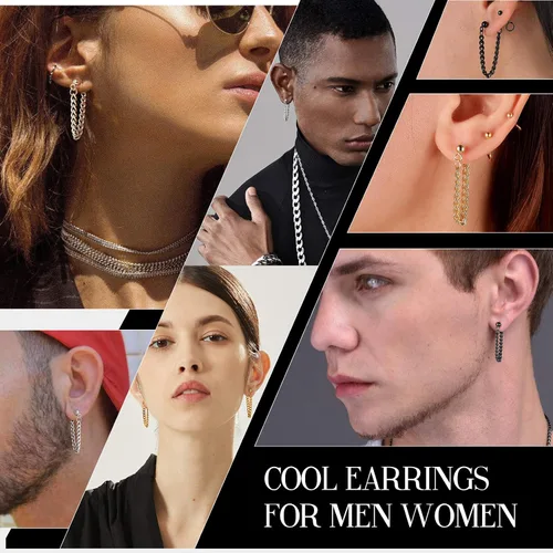 Miniatura 2 de Aretes colgantes de acero inoxidable para hombres y mujeres, chapados en oro de 18 quilates, aretes colgantes con bisagras, aretes de cadena larga