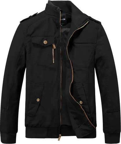 Miniatura 10 de Wantdo Chaqueta militar para hombre, chaqueta bomber casual, cuello alto, chaqueta de lona cortavientos