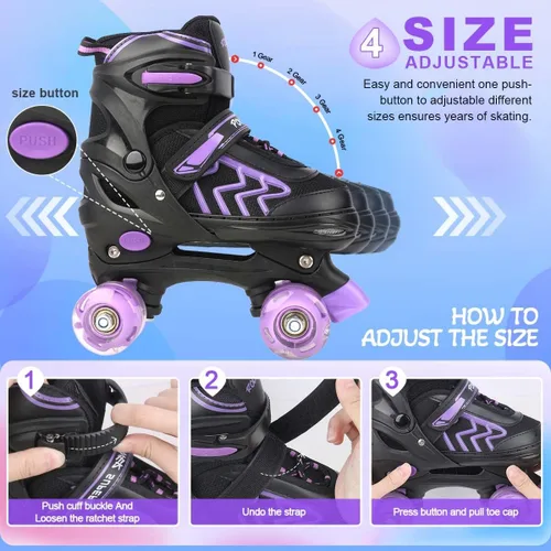 Miniatura 3 de Patines infantiles para niñas de 6 a 12 años – Patines ajustables para niños con ruedas juveniles iluminadas en negro y morado