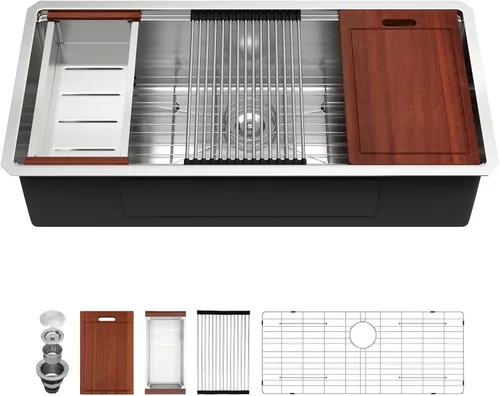 Miniatura 21 de Sarlai 33 Fregadero de Cocina Empotrado - Fregadero de 33 x 19 Pulgadas Bajo Encimera Estación de Trabajo de Profundidad Sencillo Tazón 16 Calibre