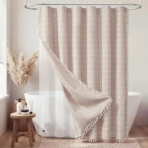 Miniatura 45 de BTTN Juego de cortinas de ducha estilo bohemio de granja con borlas, tela rústica de lino resistente, repelente al agua, cortinas de ducha gruesas A