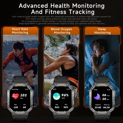 Miniatura 5 de Relojes inteligentes militares para hombres, reloj de fitness, IP68 impermeable 20 días de espera, pantalla de 2.02 pulgadas, reloj táctico