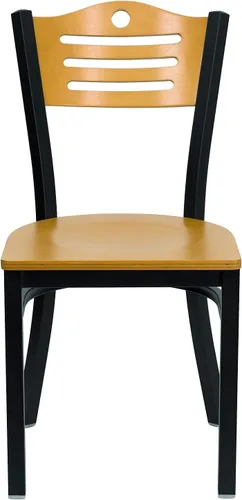 Miniatura 8 de Flash Furniture HERCULES Series Silla de restaurante de metal con respaldo de listones negros, respaldo y asiento de madera natural Respaldo