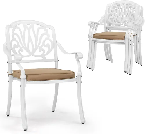 Miniatura 14 de VINGLI Juego de 2 sillas de patio apilables de aluminio fundido para exteriores con acabado negro vintage y patrón floral, sillones de metal