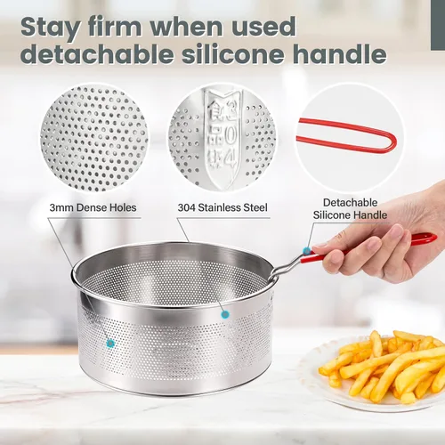 Miniatura 4 de Cesta para freír, cesta redonda de acero inoxidable con mango de silicona largo y extraíble resistente al calor para freír papas fritas, pollos