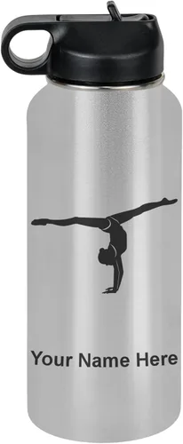 Miniatura 78 de LaserGram Botella de agua personalizada, gimnasta niña, acero inoxidable de doble pared aislada al vacío con popote superior, regalo grabado Azul
