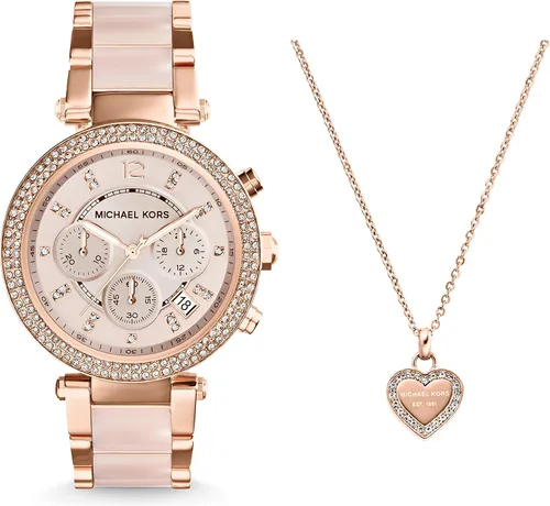 Michael Kors Parker - Reloj de acero inoxidable con detalles brillantes, logotipo en tono dorado y collar con colgante de cristal, Oro Rosa