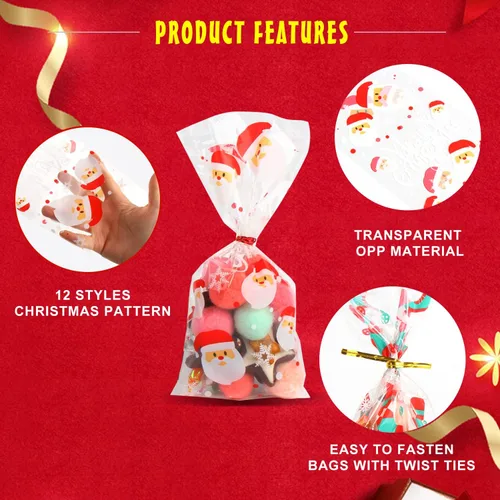 Miniatura 3 de KIMOBER 144 bolsas de dulces de celofán de Navidad, bolsas de golosinas de celofán con lazos giratorios para suministros de fiesta de Navidad