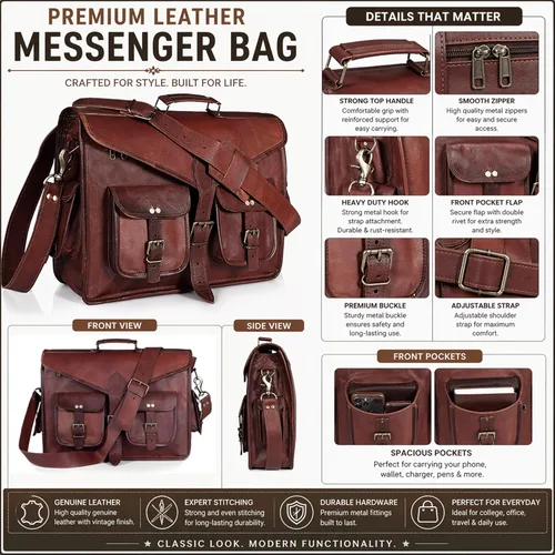 Miniatura 5 de cuero Bolsa de cuero para portátil de 15 pulgadas, maletín de oficina, bolsa de viaje cruzada para hombres y mujeres, bolsa universitaria, bolsa
