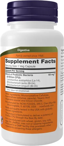 Miniatura 2 de NOW Foods Suplementos, 8 mil millones de acidophilus y bifidus, libres de lácteos, soya y gluten, cepa verificada, 120 cápsulas veganas