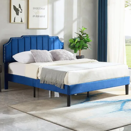 Miniatura 19 de VECELO Base de cama tapizada de terciopelo tamaño Queen con ribete de clavos, cabecera ajustable en altura copetuda, cama vintage con listones