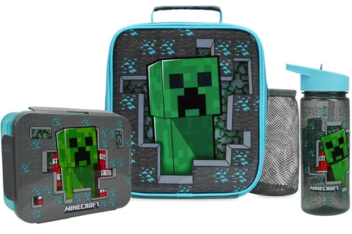 Get Trend Bolsa de almuerzo Minecraft, fiambrera, botella de agua para niños, juego de 3 piezas, caja bento, contenedor aislado para aperitivos,