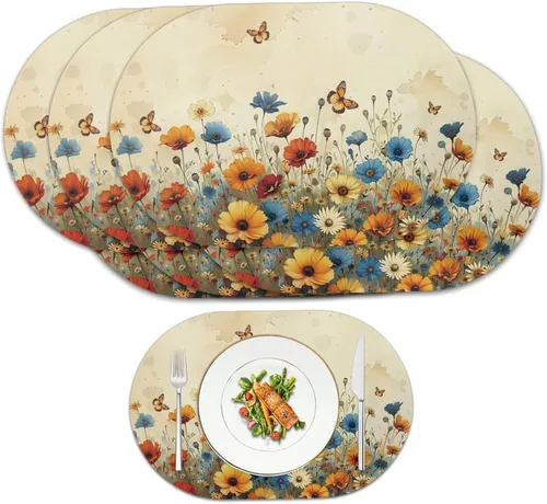 Miniatura 10 de Blue Flower Dining Table Mats Set of 2 Hummingbird Heat Resistant Placemats Washable and Wipeable Non Slip Place Mat, Waterproof Modern Dining Table