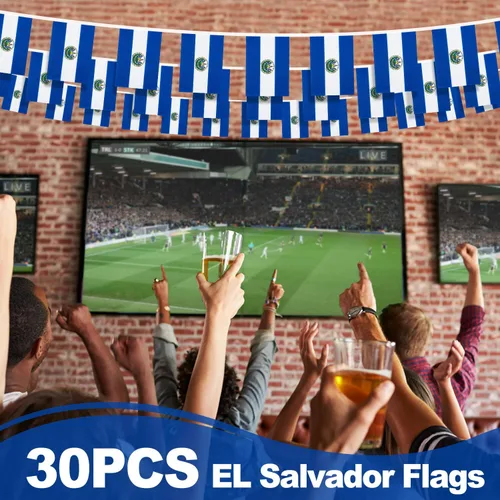 Miniatura 5 de Bandera de cuerda de El Salvador, pequeña bandera de mini banderines salvadoreños, decoración nacional del país para escuela, fiesta, eventos