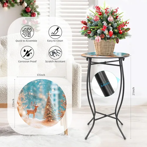 Miniatura 4 de Fashion&cool Mesa auxiliar de metal de 21 pulgadas de alto, mesa única de Navidad con marco de metal, pequeña mesa redonda de té para sala de estar
