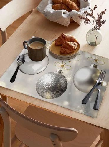 Miniatura 4 de Juego de 6 manteles individuales de bolas de Navidad para mesa de comedor, paño de lino de algodón para mesa cuadrada/rectangular/redonda