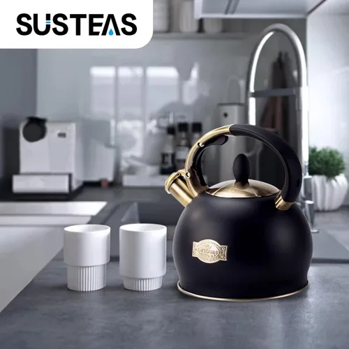 Miniatura 5 de SUSTEAS Tetera Silbante para Estufa - Tetera de Té de Acero Inoxidable Grado Alimenticio con Mango Ergonómico de Toque Frío, Con 1 Guante de Negro