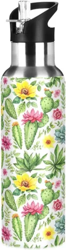 Stainless Steel Vacuum Insulated Water Bottle 20 Oz, Leakproof Water Bottles for Gym Outdoor Travel School, Colorful Watercolor Cacti Succulent