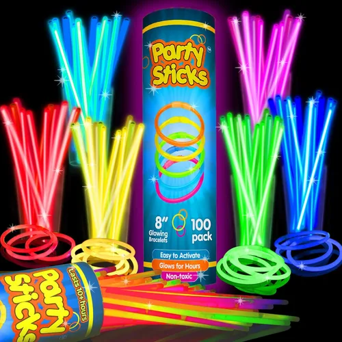 PartySticks Glow Sticks - Paquete de 100 palos de luz que brillan en la oscuridad de 8 pulgadas, regalos de fiesta, decoraciones de fiesta
