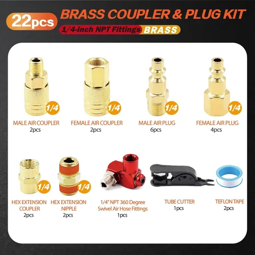 Miniatura 2 de Kit de acoplador de aire y enchufe, 22 piezas de 1/4" NPT de conexión rápida de aire con junta universal giratoria de 360°, accesorios de compresor