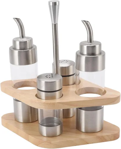 Cyrank Juego de salero y pimienta, dispensador de aceite de oliva y vinagre con soporte de madera, dispensador de especias de vidrio para el hogar,