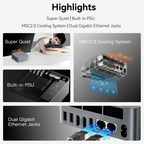 Miniatura 8 de Beelink Mini PC de escritorio EQR7 con AMD Ryzen 7 7735U 8C/16T, 16GB LPDDR5 500G NVMe M.2 SSD, salida de pantalla dual, WiFi 6, LAN dual 2.5G
