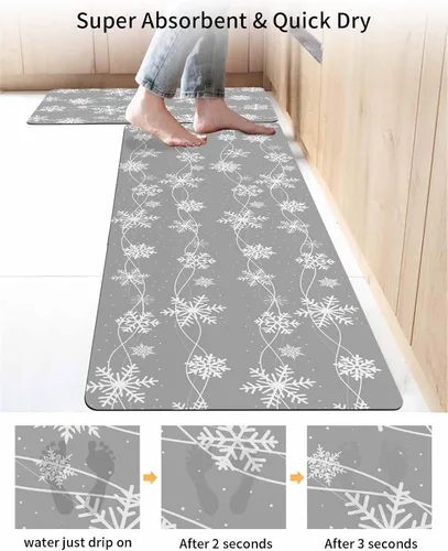 Miniatura 4 de Tapete de baño con diseño de copos de nieve gris para bañera, antideslizante, de secado rápido y absorbente, tierra de diatomeas, para ducha
