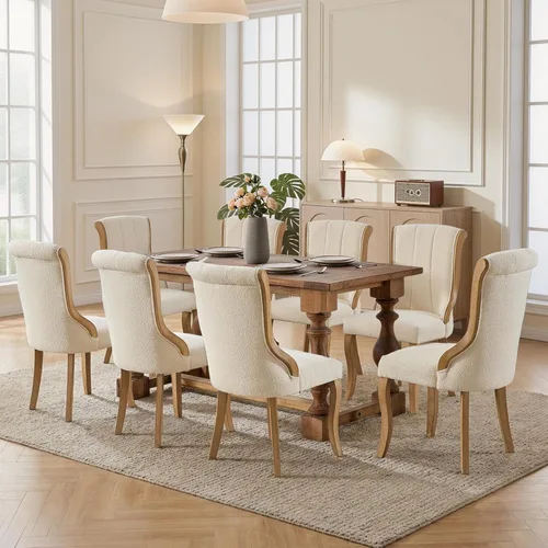 Miniatura 113 de SoarFlash Juego de 2 sillas de comedor de tela de lino, sillas de comedor tapizadas con ribete de cabeza de clavo y patas de madera de color claro