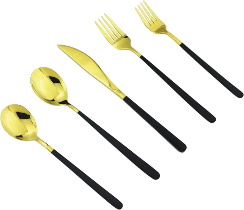 Miniatura 9 de Mirror Poblished - Juego de cubiertos negros de 5 piezas de acero inoxidable para 1, juego de cubiertos de acabado satinado para el hogar