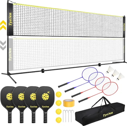 Juego de red portátil de bádminton de pickleball de 17 pies, altura ajustable, red todo en uno con 4 paletas de pickleball 4 raquetas de bádminton,