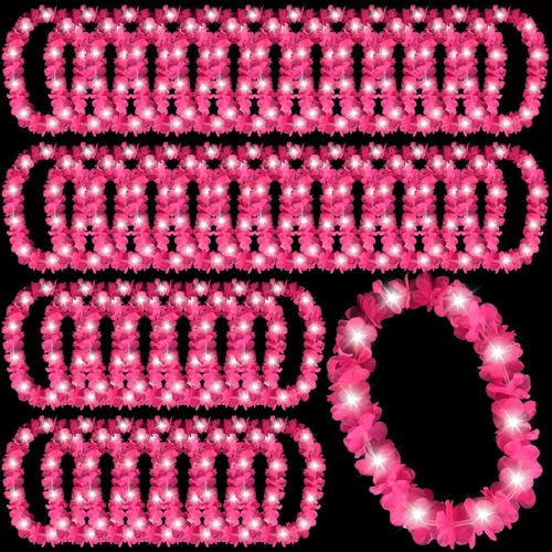 Miniatura 19 de Sherr 48 piezas Collares de leis hawaianas LED con luces LED, collares de flores de Luau para mascarada, playa, boda tropical, suministros