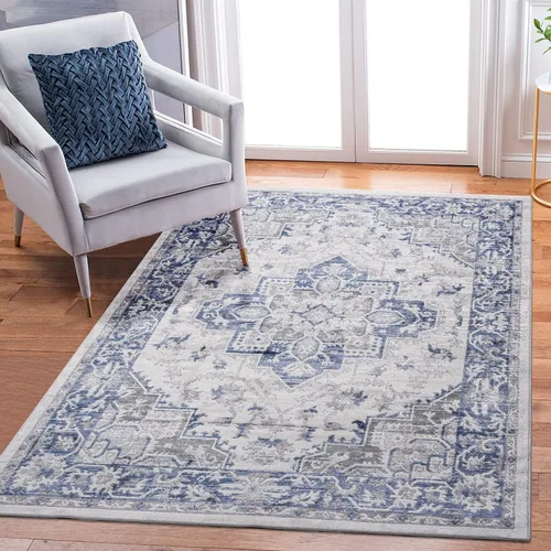 NAAR MARFI - Alfombra decorativa para interiores, 8 x 10 pies, color azul/gris, abstracto, no desprende pelusa, alfombra tradicional vintage suave,