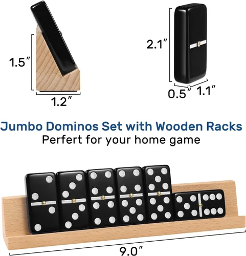 Miniatura 5 de Juego de dominós jumbo para adultos con 4 estantes/bandejas de madera, juego de dominós doble 6 para viajes con estuche portátil, juego de dominós