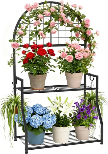 VGMiu Soporte para plantas de 2 niveles para interiores y exteriores, soporte de exhibición de plantas de metal para múltiples plantas, soporte para