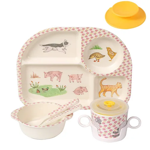 Miniatura 14 de shopwithgreen - Juego de 7 piezas de bambú para niños - Vajilla para niños - Plato, tazón, taza, cuchara, tenedor, vajilla para comida, vajilla